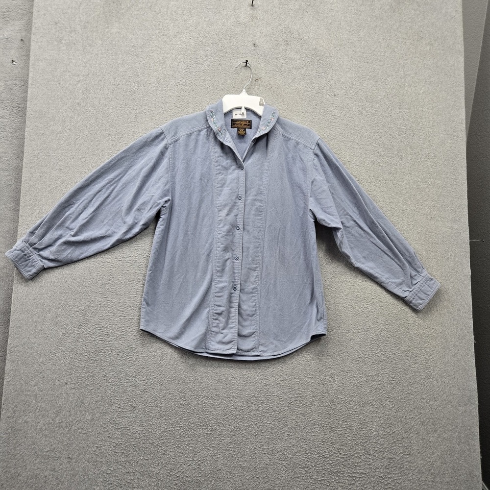VINTAGE Eddie Bauer Women Button Up Shirt S/P Light Blue Embroidered 90s